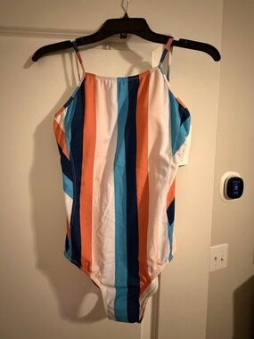NWT Striped One-Piece Swimsuit - Blue, Teal & Coral